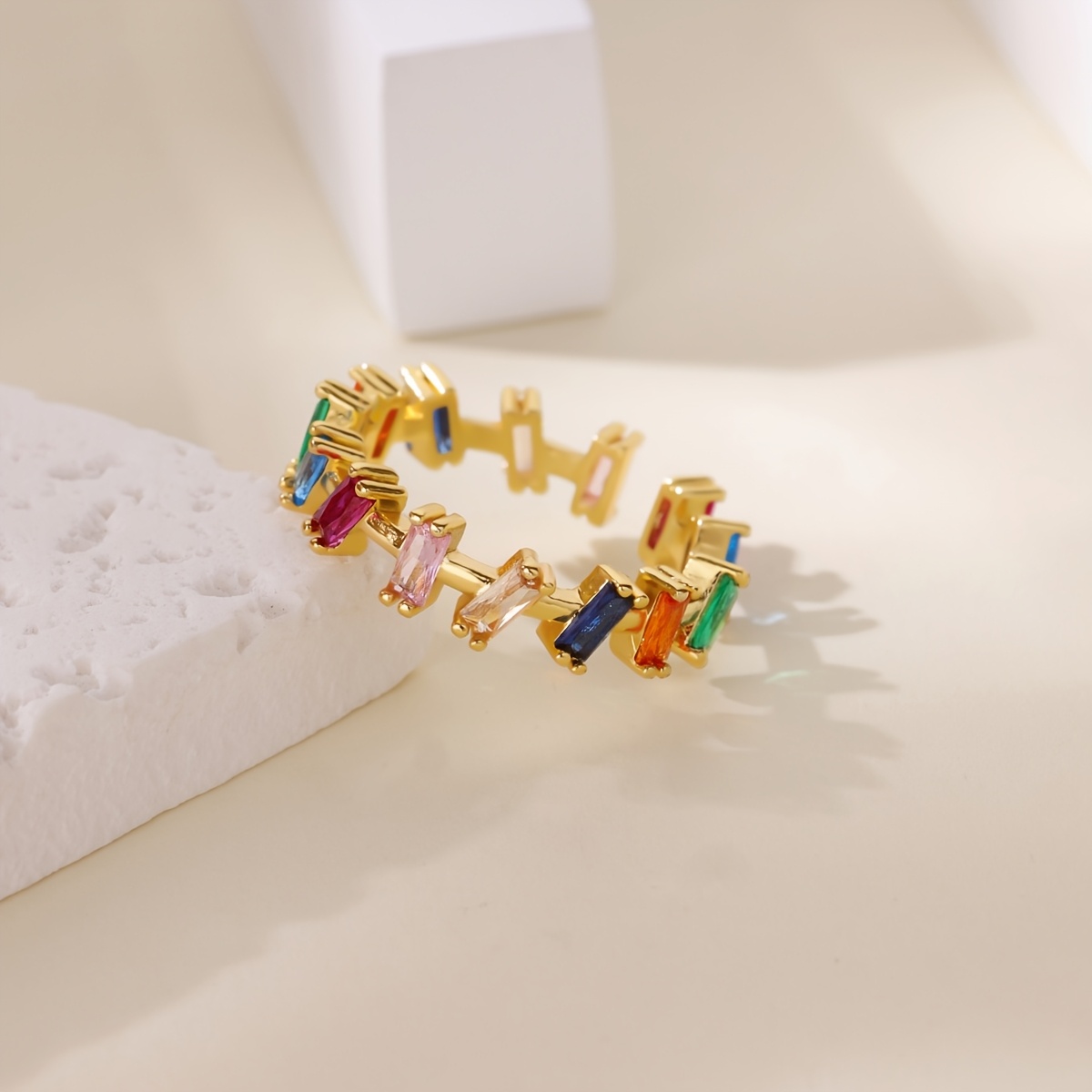 Open Ring with Inlaid Colored Synthetic Zirconia, Bohemian Style